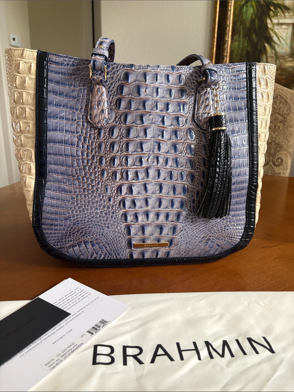 Brahmin Blue and Cream Croc-Embossed Leather Tote with Black Tassel